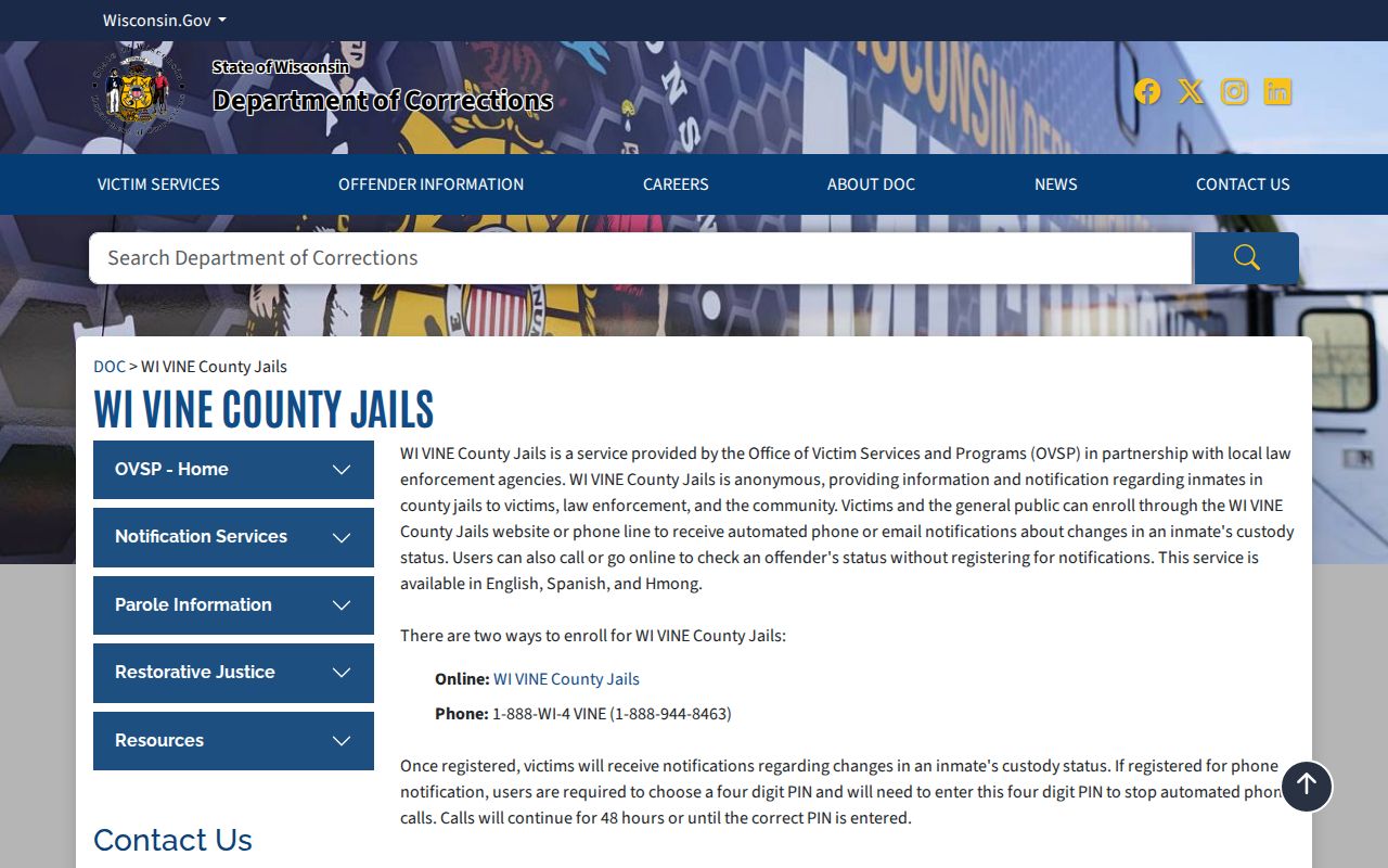Wisconsin VINE county-jail custody-status record resource for Waupaca County